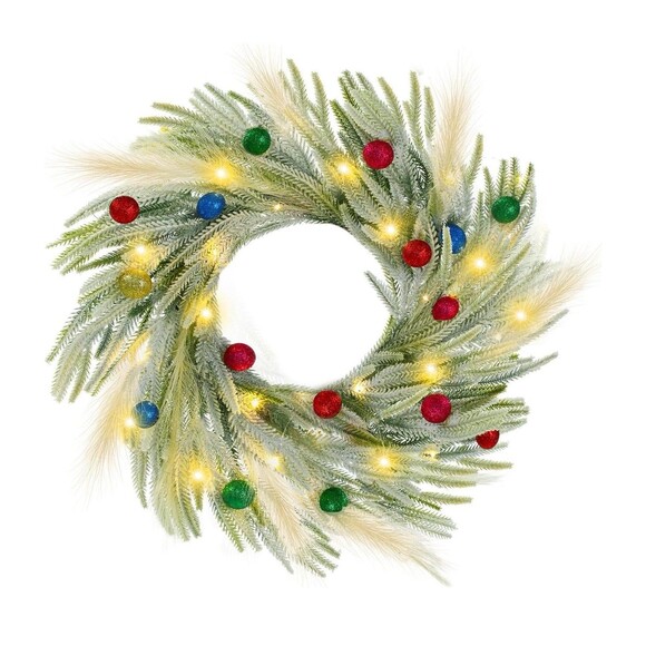 24" Lighted Norfolk Pine  Christmas Wreath with Pampas Pre Lit Multicolor - Picture 2 of 6